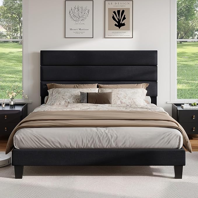 AMERLIFE Queen Size Bed Frame with Linen Upholstered Headboard, Modern Platform Bed with Wooden Slats Support, Noise-Free, No Box Spring Needed, Easy Assembly, Black
