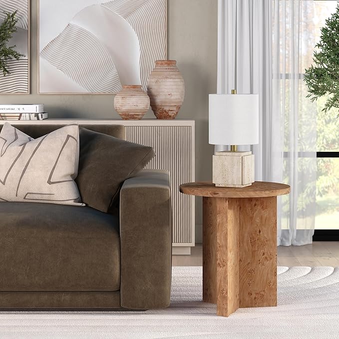 Henn&Hart 20" Scandinavian Round Wooden End Table, Side Table, Nightstand with X-Base for Living Room, Office, Family Room, or Bedroom, Honey Burl