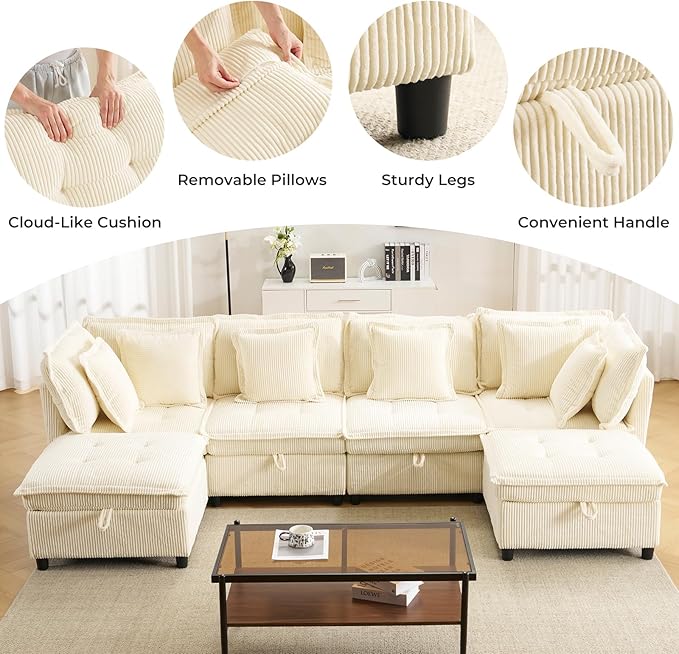 133" Modular Sectional Sofa, L-Shaped Corduroy Comfy Sectional Couches for Living Room, 3-Seater Cloud Couches with 1 Ottoman, Modern Deep Seat Sofa with Large Storage, Corduroy Beige