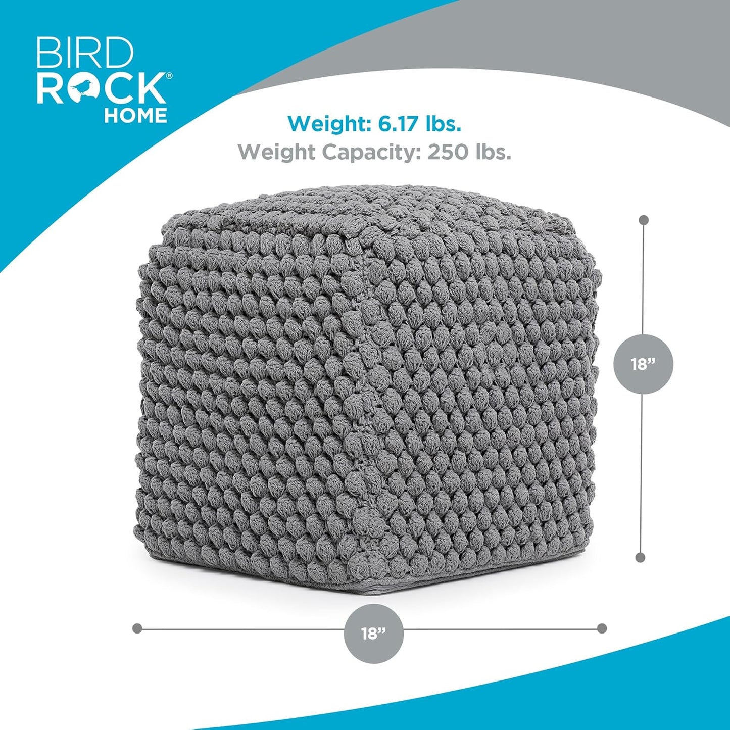 BIRDROCK HOME Buds Pouf Foot Stool Ottoman - Knit Bean Bag Floor Chair - Cotton Braided Cord - Great for The Living Room, Bedroom and Kids Room - Small Furniture (Grey - Buds)
