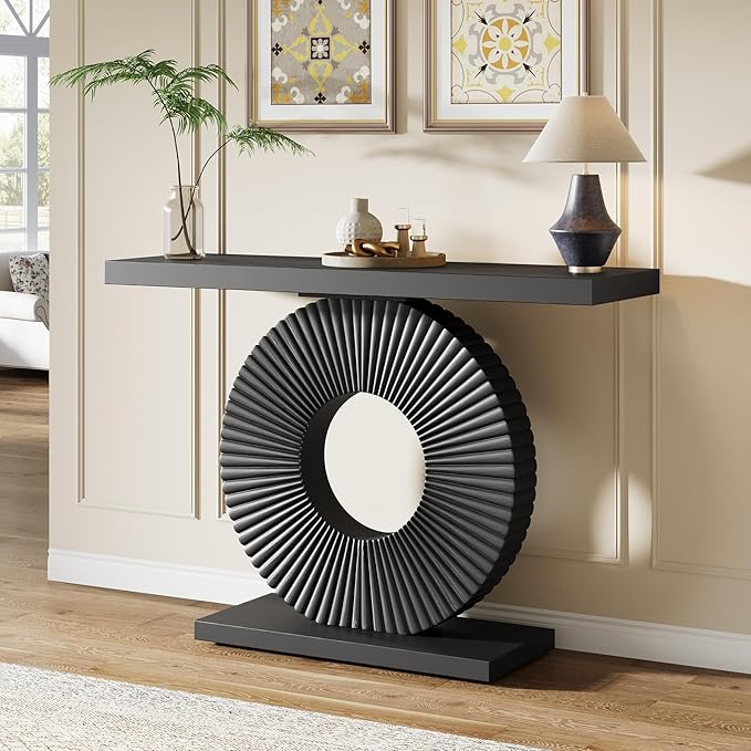 Tribesigns Modern Entryway Console Table, 39 inch Wooden Narrow Sofa Table Behind Couch with Geometric Base, Contemporary Accent Table for Living Room, Entrance, Hallway, Black