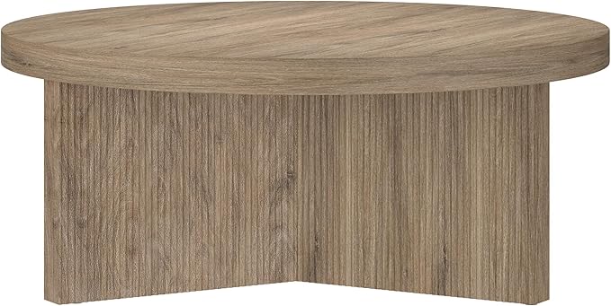 Henn&Hart 36" Fluted Round Low-Profile Coffee Table with Ribbed Pedestal Base for Living Room, Family Room, or Office, Antiqued Gray Oak