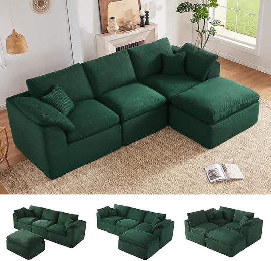 112" Cloud Sectional Couch, Boneless couches for Living Room, L Shaped Couch with Convertible Ottoman, Modular Sectional Sofa with Deep Seat, Comfy Soft Cushions, No Assembly, Green