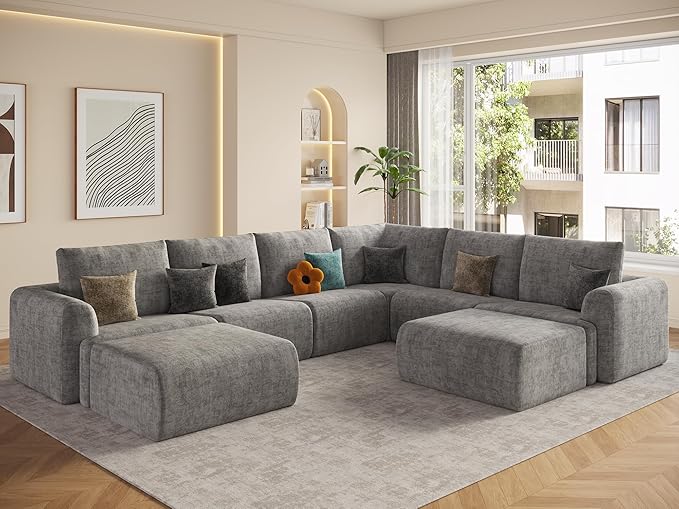 EASE MOOSE Oversized Sectional Cloud Couch, 8-Seat Modular Couch Set, Corner V-Shaped Deep-Seat Boneless Sofa, No-Assembly Chenille Sofa for Living Room, Light Grey