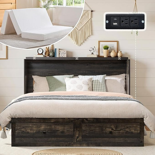 Queen Murphy Bed with 6" White Tri-Fold Memory Foam Mattress, Storage Drawer & Charging Station, Space-Saving Design for Home Office or Guest Room, Black Oak