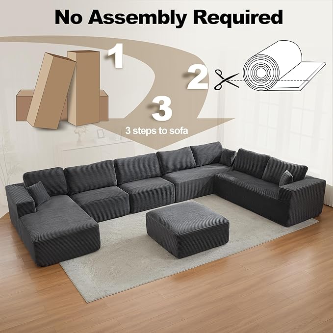 Modular Sectional Cloud Couch for Living Room,Modern Boneless Couche Set with Plush Corduroy,Comfy Floor Sofa with Memory Foam,Stupendous U Shaped Sofa with Ottoman,No Assembly Required,Grey