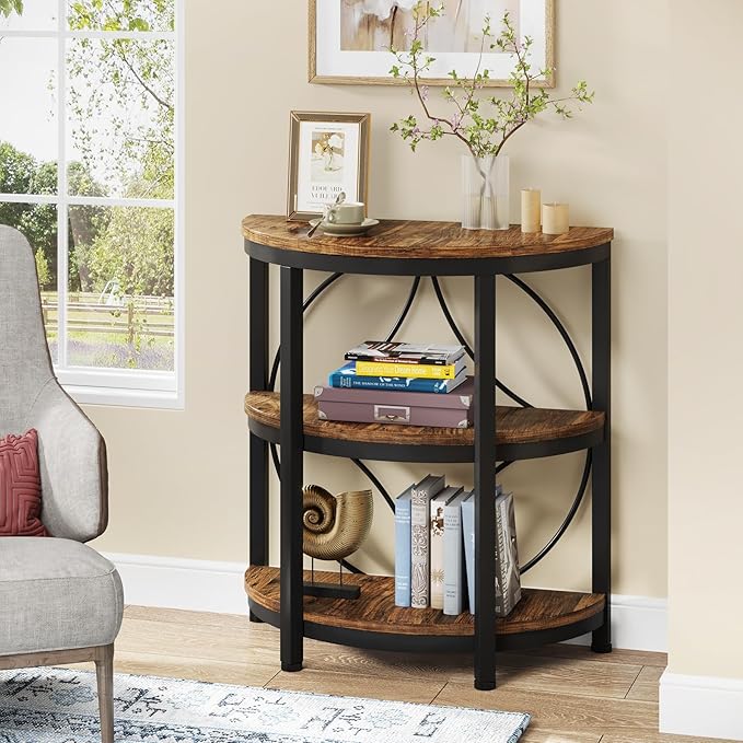 Tribesigns Half Round End Table for Living Room, 3-Tier Half Side Table with Metal Frame, Industrial Half Moon Table with Storage Shelves, Half Circle Accent Table for Entryway, Bedroom, Rustic Brown