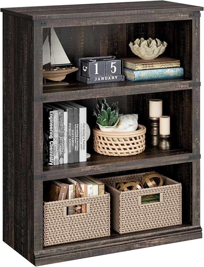 IDEALHOUSE 3 Tier Bookcase, Farmhouse Book Shelf with Storage, Low Book Case Wooden 3 Shelf Bookcase for Home Office, Living Room, Bed Room (Oak, 40.0" H x 31.5" W x 12.2" D)