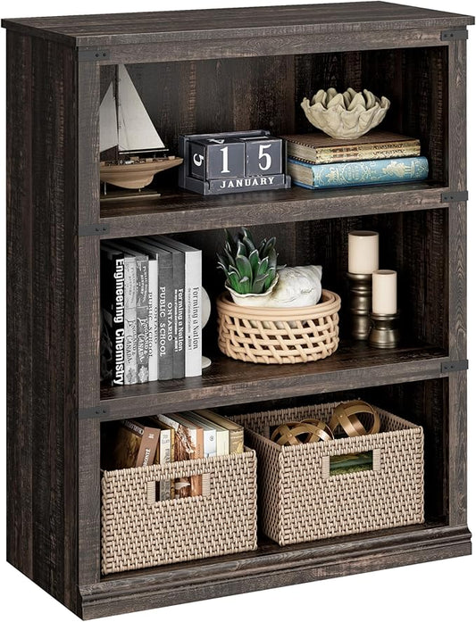 IDEALHOUSE 3 Tier Bookcase, Farmhouse Book Shelf with Storage, Low Book Case Wooden 3 Shelf Bookcase for Home Office, Living Room, Bed Room (Oak, 40.0" H x 31.5" W x 12.2" D)