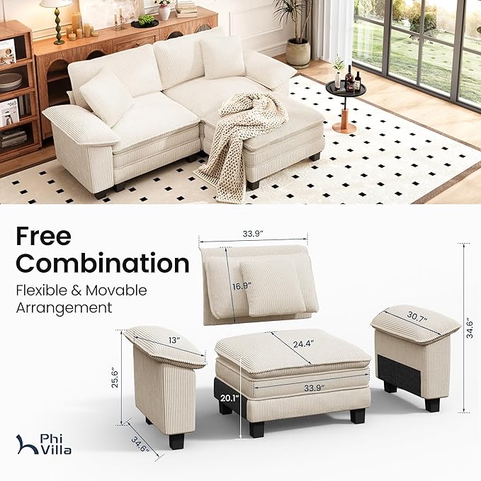 PHI VILLA Cloud Modular Couches Sets, 87.5" Sectional Loveseat Sofa with 1 Movable Ottoman, 3-Seater Comfy Couches for Living Room Apartment, Corduroy Fabric, Beige