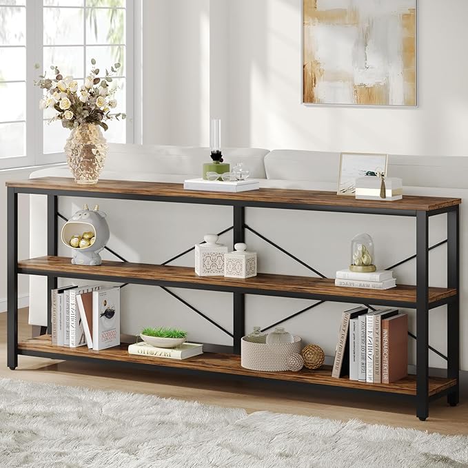 Tribesigns 70.9-Inch Extra Long Console Table, 3-Tier Industrial Sofa Table with Metal Frame, Modern Behind Couch Table with Storage Shelves for Living Room Entryway Hallway Foyer (Brown and Black)