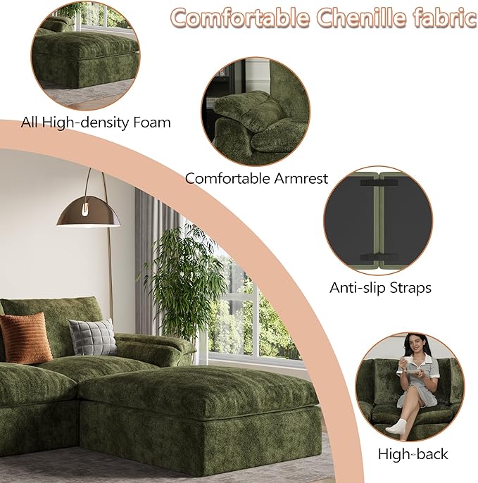 EASE MOOSE Oversized Sectional Cloud Couch for Living Room, L-Shape Modular Boneless Sofa, Cloud Sofa Set with Fluffy Foam, 4-Seat Deep Comfy Sofa with Ottoman for Bedroom Apartment, Chenille (Green)