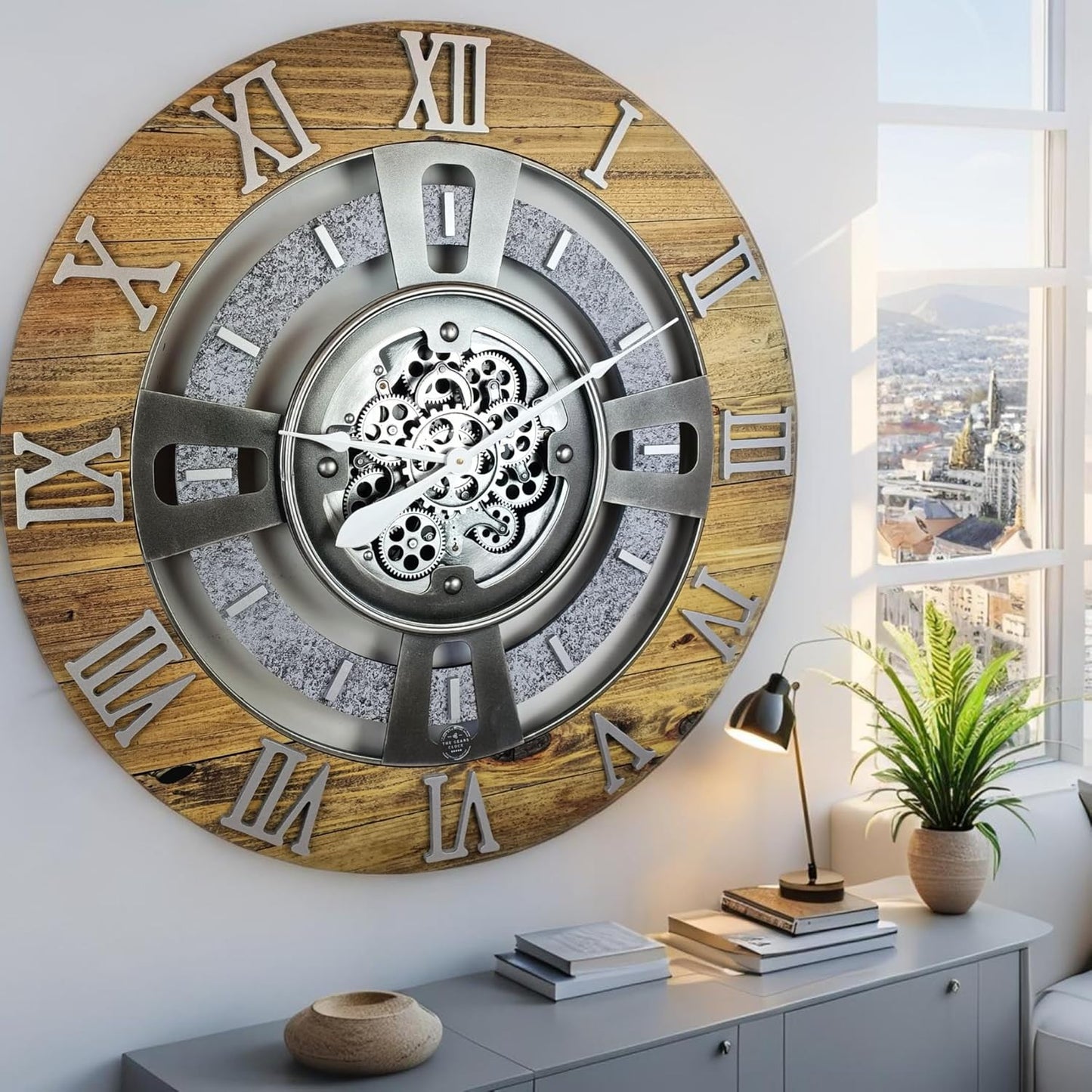 The Gears Clock Real Moving Gear Wall Clock England Line (Wood & Stone, 36 inches (90 cm))