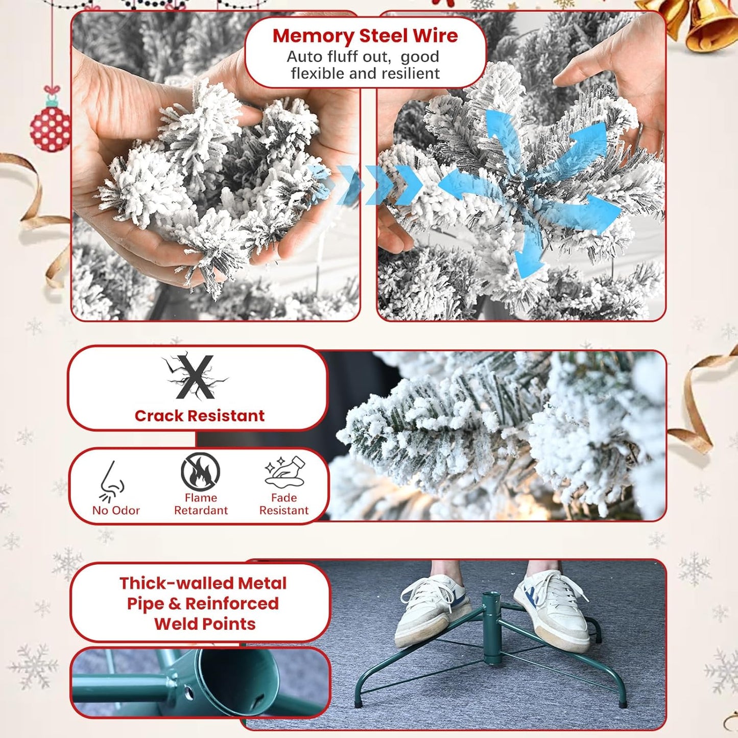 6ft Pre-lit Christmas Tree, Flocked Christmas Tree with 350 UL Lights & Pine Cones & 888 Tips, Snow Frosted Artificial Christmas Tree Prelit, Auto Hinged Spruce Xmas Tree for Holiday Decor