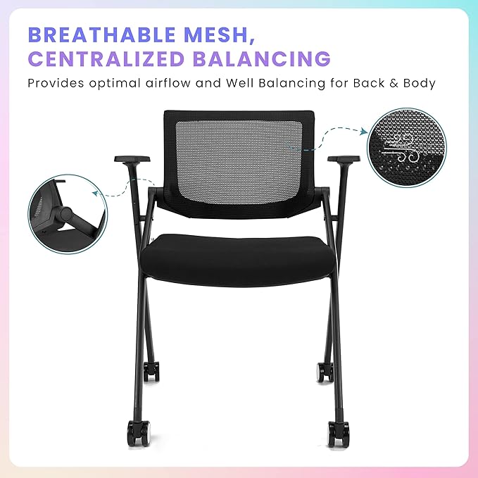 4 Pack Stackable Conference Room Chairs with Wheels and Paddle, Ergonomic Mesh Back and Arms for Meeting, Conference, Reception, Training Room & Home Office Desk Folding Chairs (2 Boxes)