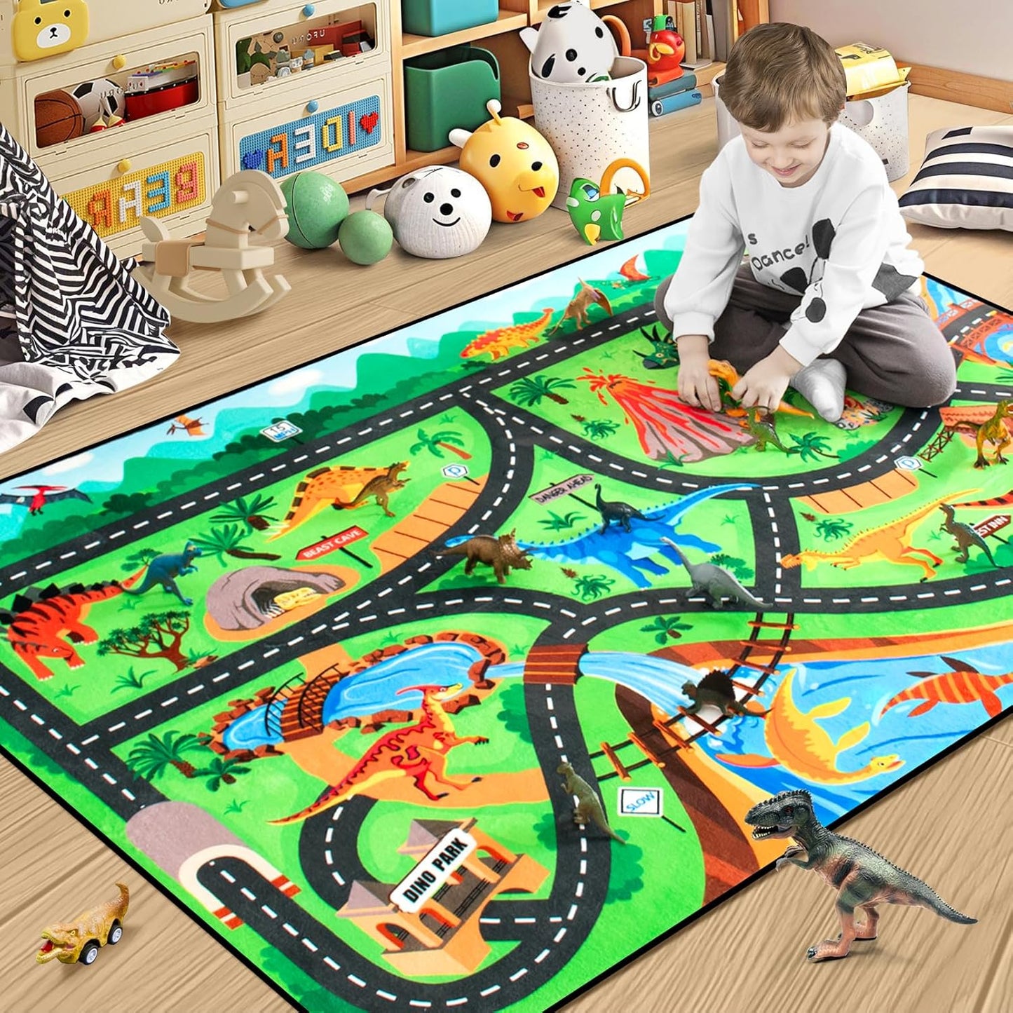 Kids Rug, Car Carpet for Kids' Toy Cars, 6x9 Ft Dinosaur Rug, Dino Safari Road Mat for Playroom, Educational Learning & Game Area Baby Play Mat Carpet for Children
