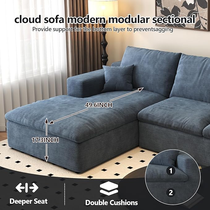 107'' L-Shaped Modern Modular Sectional Cloud Couch, 4-Seat Chenille Deep-Seat Sofa with Pillow for Living Room, Bedroom, Apartment, Ocean Blue