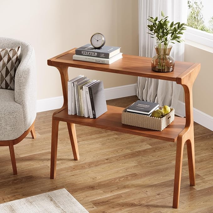 Tribesigns Narrow Side Table, 2-Tier Solid Wood End Table with Storage, Modern Tall Couch Side Table for Living Room, Slim Bedside Table for Bedroom, Small Spaces, Cherry