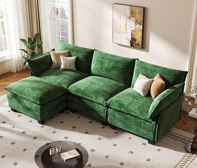 KKL 91.3" Modular Sectional Sofa, L-Shaped 4 Seater Cloud Couch with Ottoman, Chenille Modern Sectional Couches for Living Room, Apartment, Green