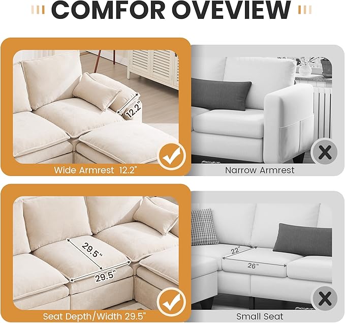 130" U Shaped Modular Sectional Sofa, Couch with Ottoman Storage, Chenille Cloud Couch with Plush Deep Seating for Living Room, Bedroom (8 Seat, Beige)
