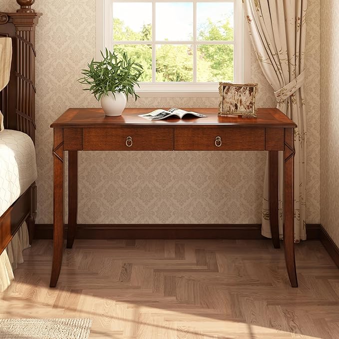 Solid Wood Computer Writing Desk with 2 Big Drawers, 46.06" Wide Home Office Desk Workstation with Hourglass Shape Tabletop Big Rustic Study Table in Cherry Brown, BSZ-DR200