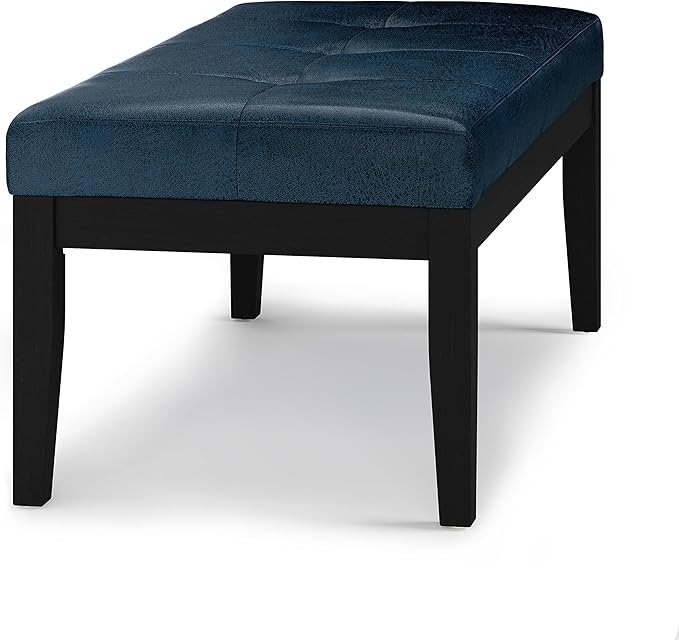 SIMPLIHOME Lacey 41 inch Wide Contemporary Rectangle Tufted Ottoman Bench in Distressed Dark Blue Vegan Faux Leather, Assembled, For the Living Room and Bedroom