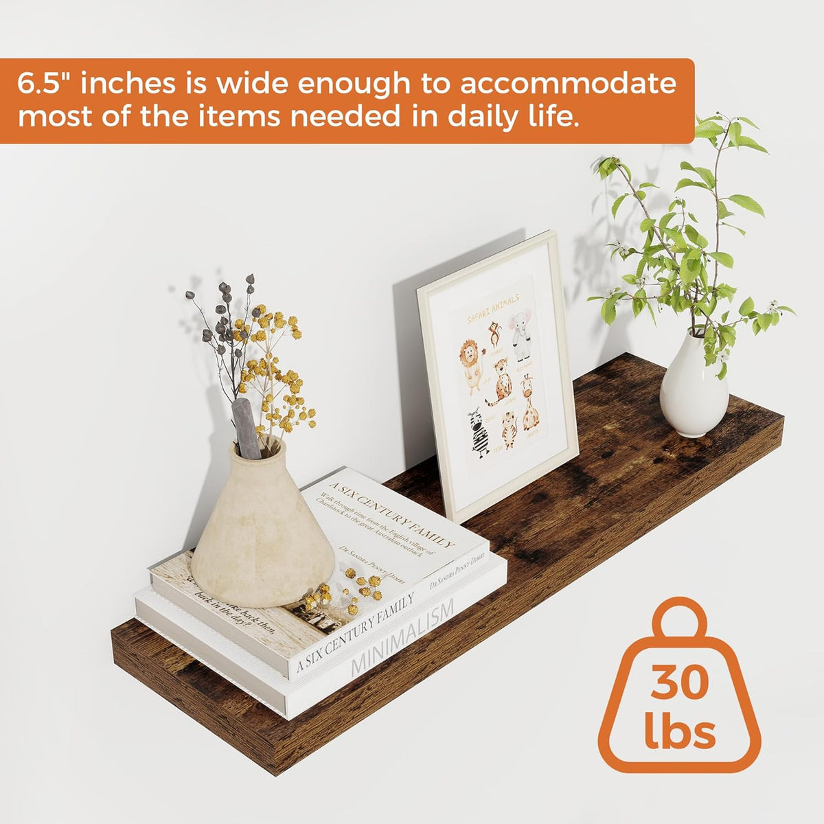 Fun Memories Floating Shelves for Wall, 22.5" Rustic Wood Deep Wall Mounted Shelves with Invisible Brackets for Decor & Storage, Floating Shelf for Living Room, Bathroom (Rustic Brown, Set of 2)