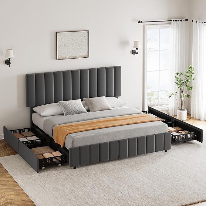 Garvee King Size Bed Frame with 4 Storage Drawers, Adjustable Height Headboard, Linen Upholstered Platform Bed Frame, No Box Spring Needed, Easy Assembly, Grey