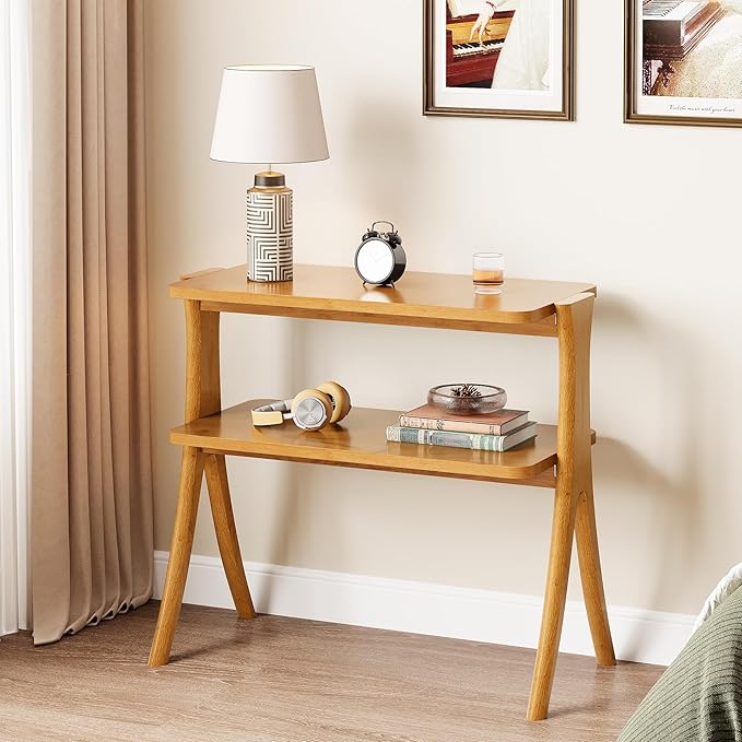 Tribesigns Narrow Side Table for Living Room, Farmhouse End Table with 2-Tier Storage Shelf and Solid Wood Legs, Slim Tall Bedside Table Nightstand for Bedroom, Small Spaces, Entryway, Brown(1)