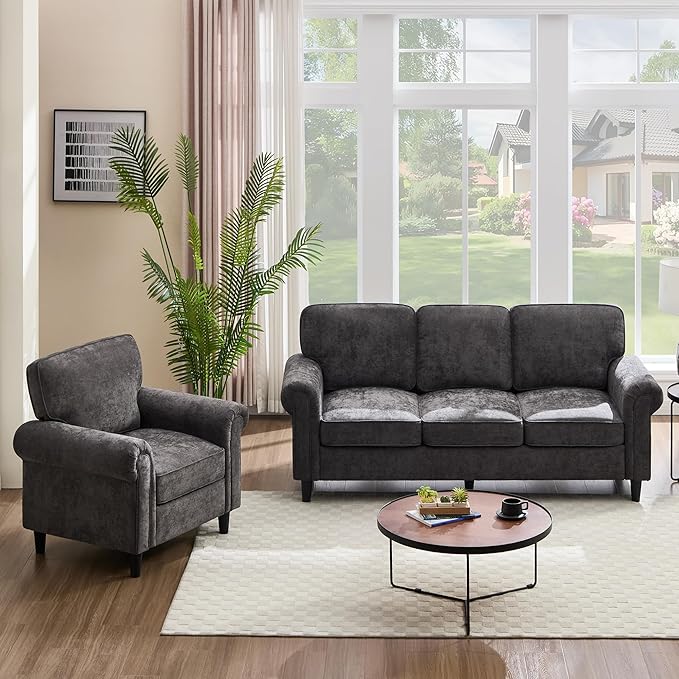 Kingfun 3 Seater Couch with Chair, Mid Century Modern Sofa Set with Rolled Arms and Deep Seats, Fluffy Comfort for Living Room, Apartment, Easy Assembly, Grey