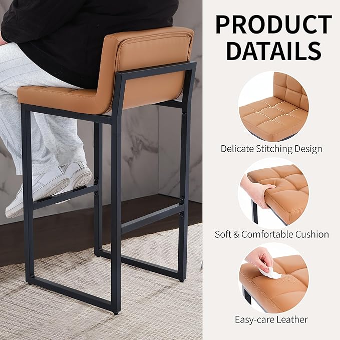Bar Height Stools Set of 4, PU Leather Barstools Modern Counter Stools with Back and Thickened Metal Legs, Bar Chairs for Kitchen Island (Caramel Brown, 4Pcs 26" Bar Stools)