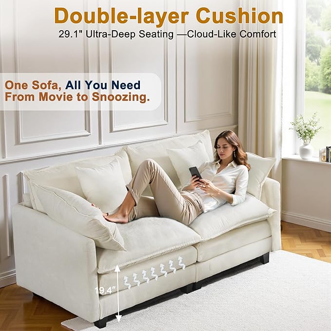 77" Cloud Chenille Sofa Set with Pillows, Deep Seat Loveseat Couch for Apartments, Space Saving 2-Seater with Solid Wood Frame, Easy Assembly (1YR Guarantee)