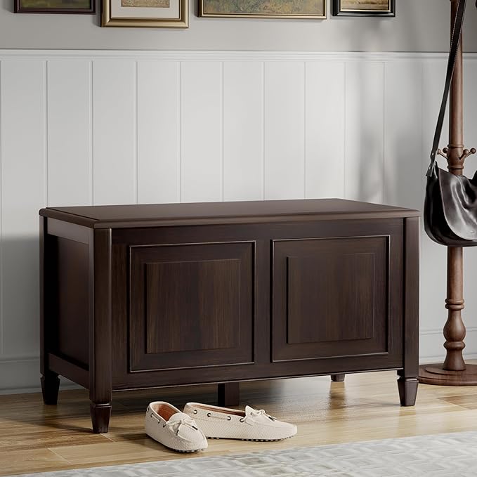 SIMPLIHOME Connaught Storage Bench - 36 inch Wide Solid Wood Small Trunk Bench in Chestnut Brown, Traditional Bench for Entryway with Lift-Up Lid and Dual Hidden Compartments