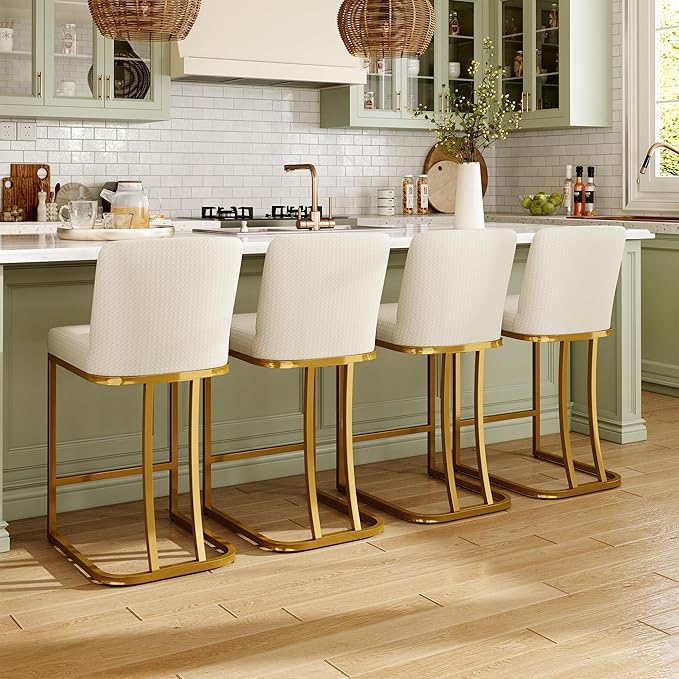 MAISON ARTS Off White & Gold Counter Height Bar Stools with Back Set of 6 for Kitchen Counter 24 Inch Modern Upholstered Faux Leather Barstools Farmhouse Bar Chairs Luxury Island Stools Support 330LBS