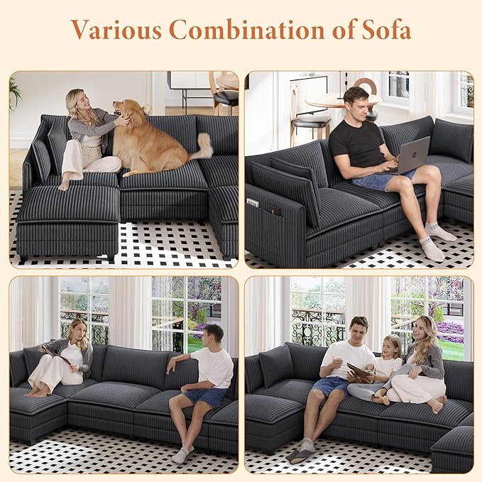 Vesgantti 109" U Shaped Cloud Sectional Sofa, Comfy Corduroy Upholstered Sectional Modular Sofas for Living Room, Modern Modular Couch with 2 Ottoman Deep Seat, Dark Grey
