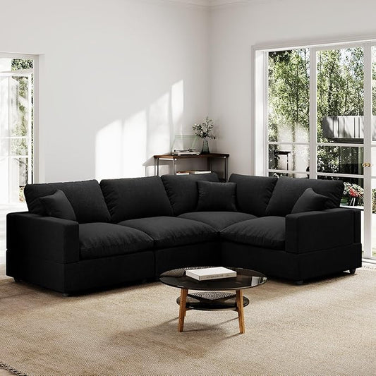 Modern Sectional Linen Couch for Living Room V-Shape Sofas,4 Seat Modular Cloud Sofas,Couches Cushion Covers Removable,Cozy Feather Down Sofa for Apartment Black