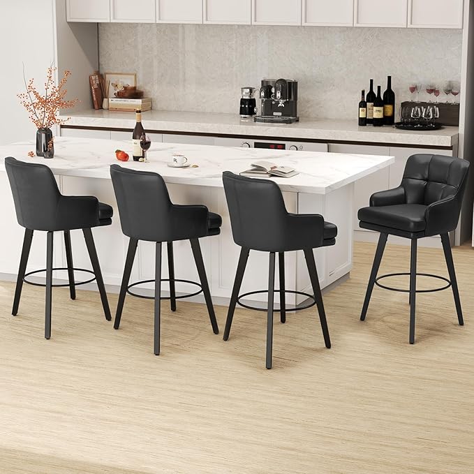360°Swivel Counter Height Bar Stools with Back, 30 inch Solid Wood Legs, Bar Stool Modern Kitchen Island Chairs, Faux Leather (Black- Faux Leather, 30" H- Set of 4)