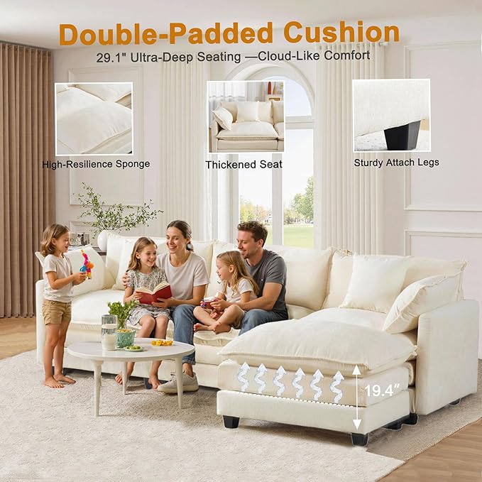 111.4" L-Shaped Cloud Chenille Sectional with Reversible Chaise, Flexible 3+1 Layout for Large Spaces, Deep Seat and Free Pillows Included