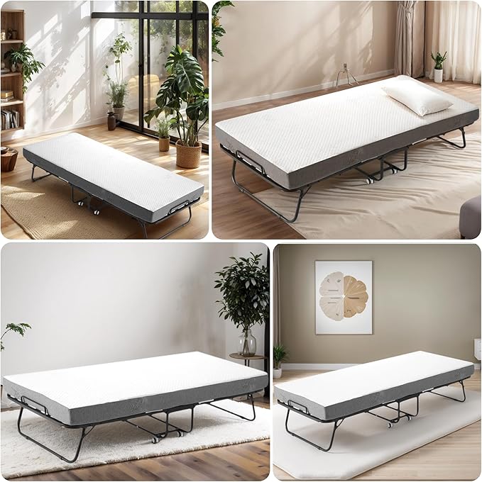 Folding Bed with Memory Foam Mattress, Portable Rollaway Guest Beds on Wheels, 75"x31" Twin Size Space-Saving Cot-Size Bed for Adults with Easy Assembly Metal Frame (White)