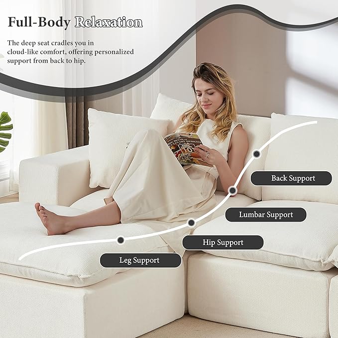 108" Sectional Couches for Living Room Boneless Couch Upholstered Cloud Couch Sectional Modular Sectional Sofa with L Shaped (Chenille-White, 4 Seat+2 Ottoman)