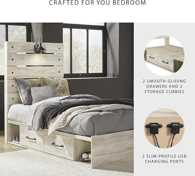 Signature Design by Ashley Cambeck Farmhouse Twin Panel Platform Bed with 2 Storage Drawers, Cubbies, Sconce Light and USB Ports, Foundation or Box Spring Not Needed, Whitewash