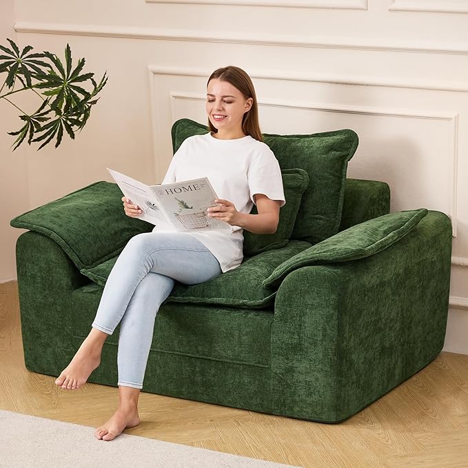 Hobestluk Cloud Single Sofa Memory Foam Couch with Deep Seat L Shaped Sofa with Removable Cover Large Couch for Living Room (Green, Single Sofa)