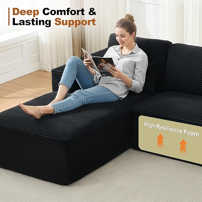 Cloud Modular Sectional Sleeper Sofa,U-Shape Modern Boneless Sectional Couch with Deep Seat,Upholstered Couches for Living Room Bedroom,No Assembly Required,Black