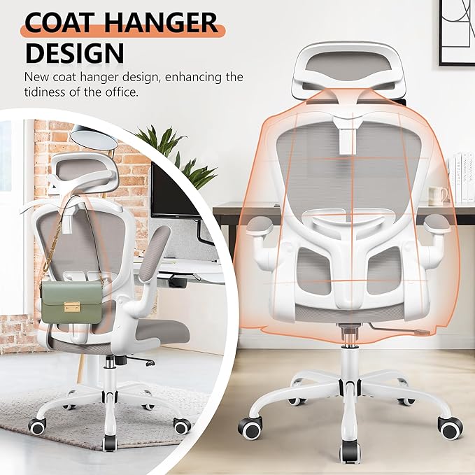 FelixKing Office Chair with Headrest, Ergonomic Desk Chair with Wheels, Task Swivel Comfy Chair with Adjustable Lumbar Support, Breathable Mesh Computer Chair with flip-up Armrests for Home (Gray)