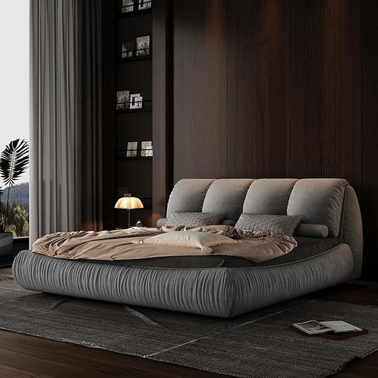 Queen Size Upholstered Platform Bed with Oversized Padded Backrest and Solid Wood Frame for Bedroom, Apartment Room (Grey, Queen (U.S. Standard))