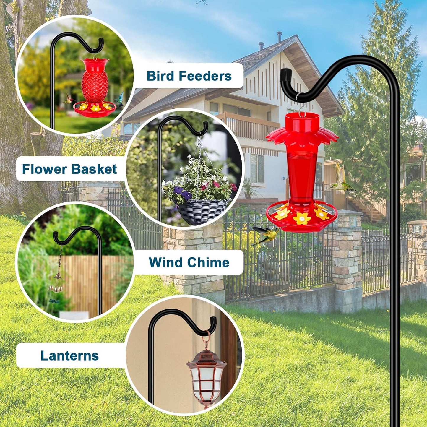 Gtongoko 2 Pack 108 Inch Tall Shepherds Hooks for Outdoor Bird Feeders, Heavy Duty Bird Feeder Pole Stand, Adjustable Hanger for Plant, Lights, Lanterns Wedding Decor with 7 Prongs Base