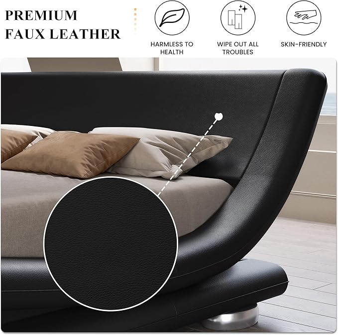 SHA CERLIN King Size Upholstered Bed Frame, Deluxe Low Profile Sleigh Bed with Faux Leather Ergonomics Headboard, No Box Spring Needed & Easy Assembly, Black