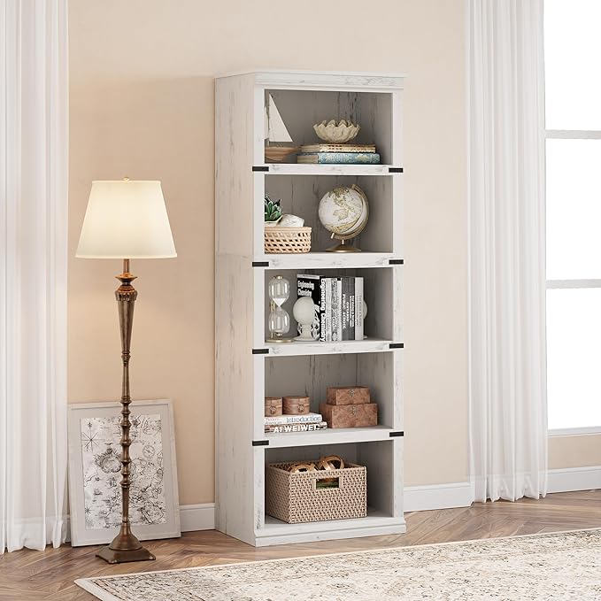 IDEALHOUSE 5 Tier Bookcase, Farmhouse Book Shelf with Storage, Tall Book Case Wooden 5 Shelf Bookcase for Home Office, Living Room, Bed Room (White, 67.4" H x 24.6" W x 12.8" D)