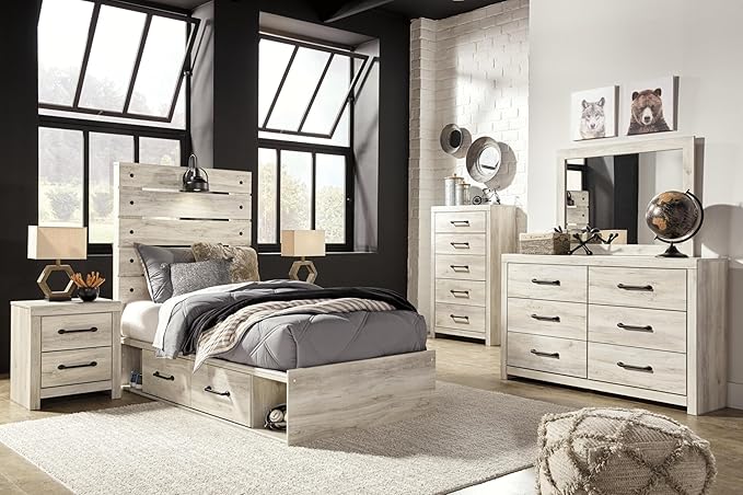 Signature Design by Ashley Cambeck Farmhouse Twin Panel Platform Bed with 2 Storage Drawers, Cubbies, Sconce Light and USB Ports, Foundation or Box Spring Not Needed, Whitewash