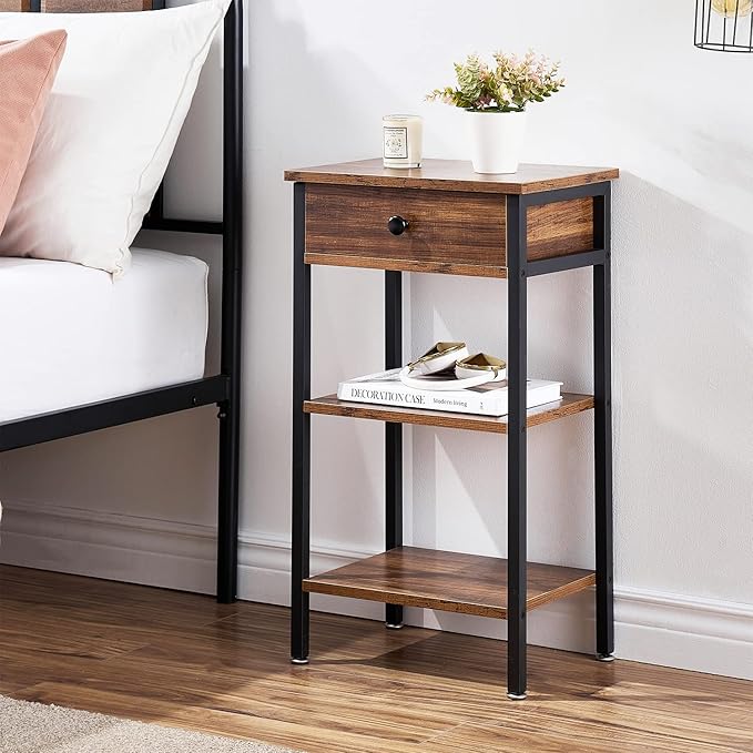 VECELO 27.5" Tall End Tables, Nightstands with Adjustable Shelf and Bin Drawer for Living Room/Bedroom,Set of 2
